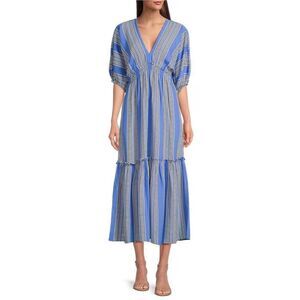 Taylor 14 Blue Striped V Neck Elbow Length Sleeve Tiered Maxi Dress EUC